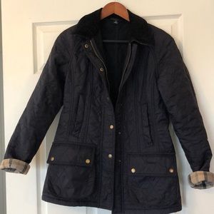 Barbour Beadnell Polarquilt Plaid-Trim Coat, Navy